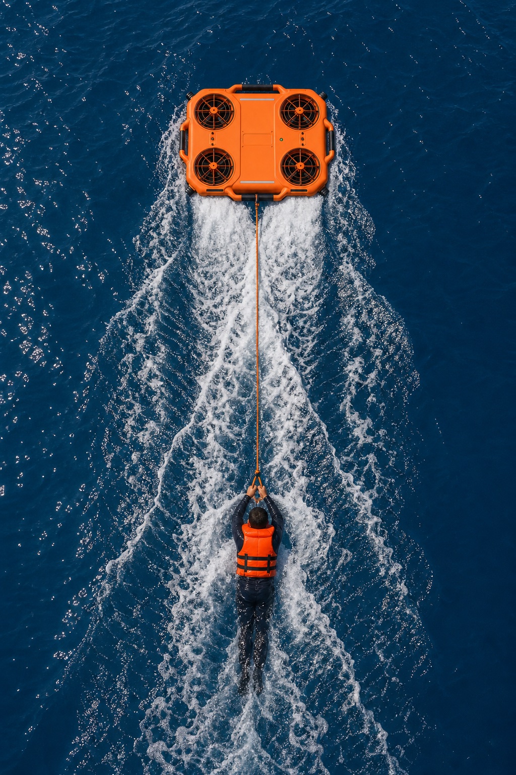 Aerial top-down view of craft towing casualty to shore