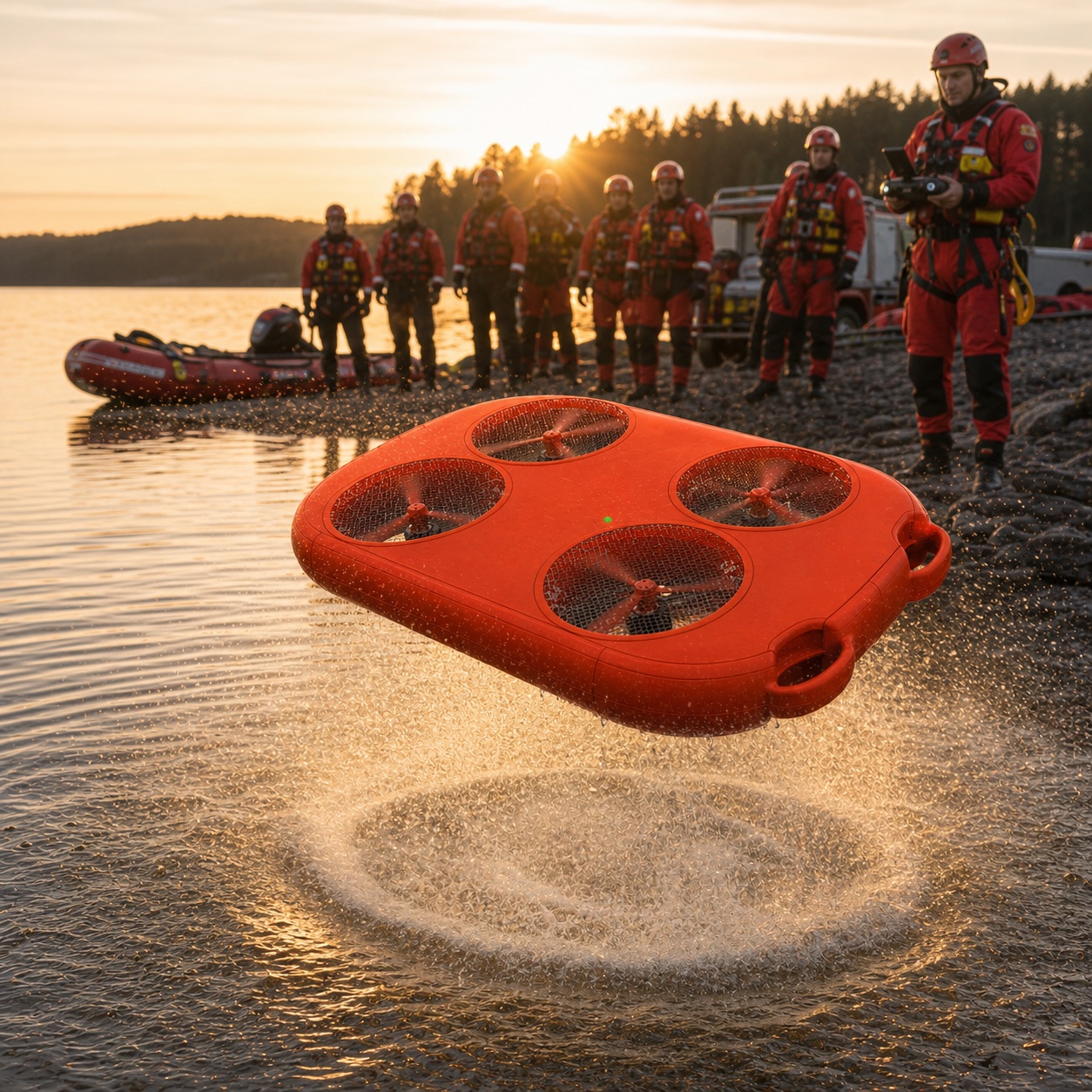 Craft taking off from water during a rescue drill at golden hour