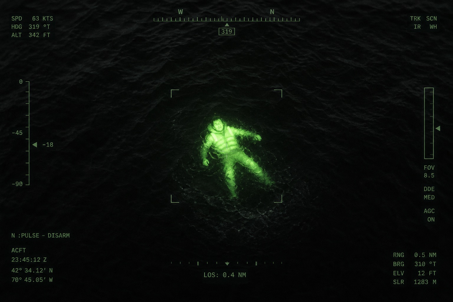 Infrared thermal camera view from the rescue craft — night vision mode