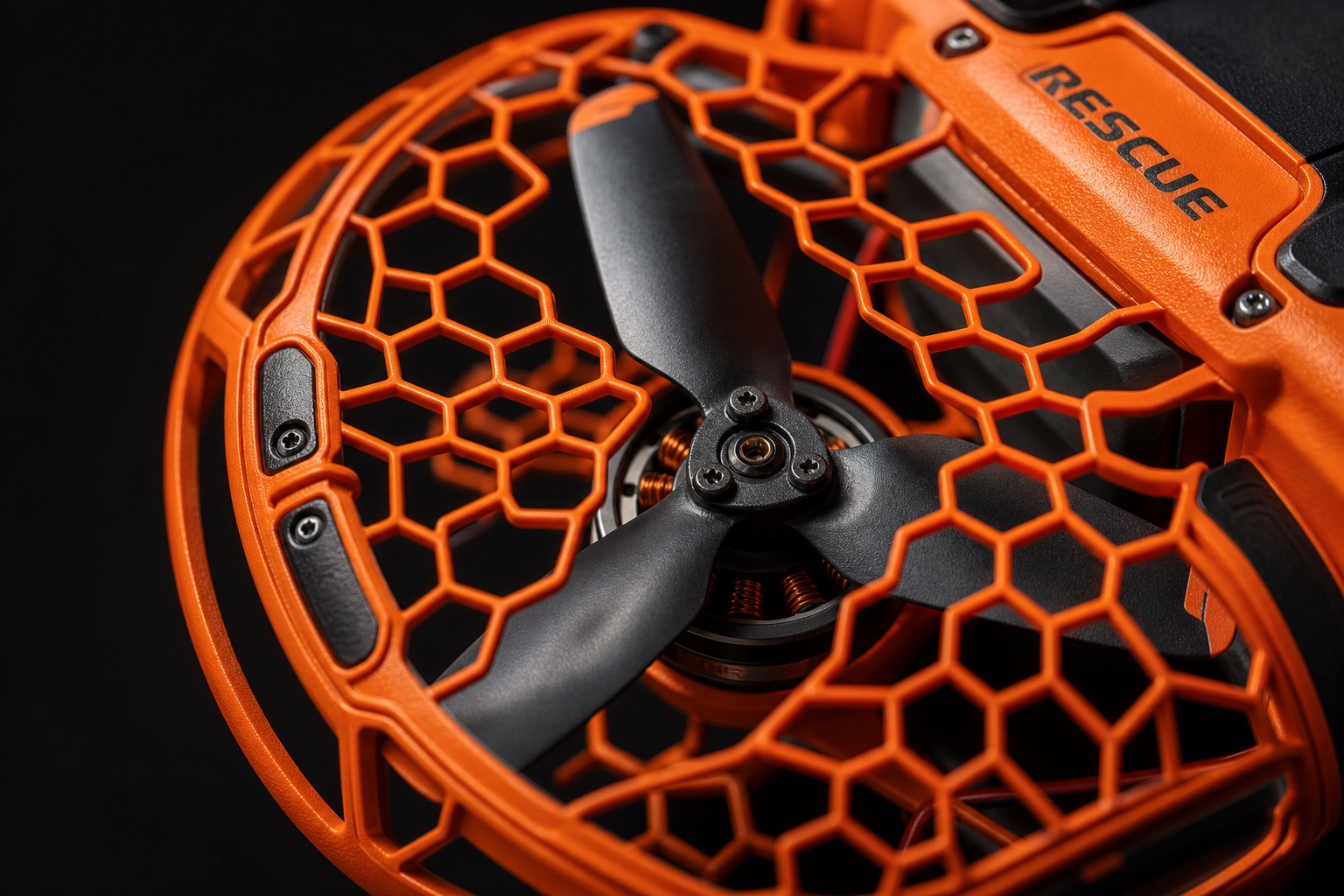 Close-up of finger-safe propeller guard mesh on the rescue craft